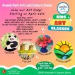 Colorful pink and orange flyer for Wonder Arte: Art and Crafts Club at Avalon Park Arts and Culture Center. Advertising Kids Art Classes starting April 22nd for ages 6 and up, all skill levels welcome. Kids will paint spring scenes, craft a mixed media Mother's Day gift, and create stained glass pictures. Four circular artwork samples showcase a panda painting, windmill canvas, floral mixed media, and a stained glass sunrise. 4 classes for $100. each class $25. Classes April 22nd to May 13th, 5:00–6:15 PM at 13013 Founder's Square Drive. Text 407-724-6040 for more information.